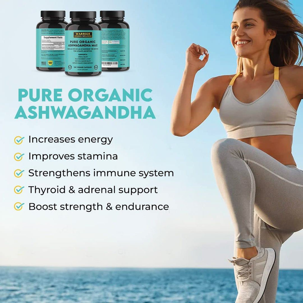 Warrior Strong Wellness Pure Organic Ashwagandha Capsules with Bioperine - 2400 mg - 120 Capsules - Healthy Stress Response and Mood Boost, Immune Health, Better Sleep