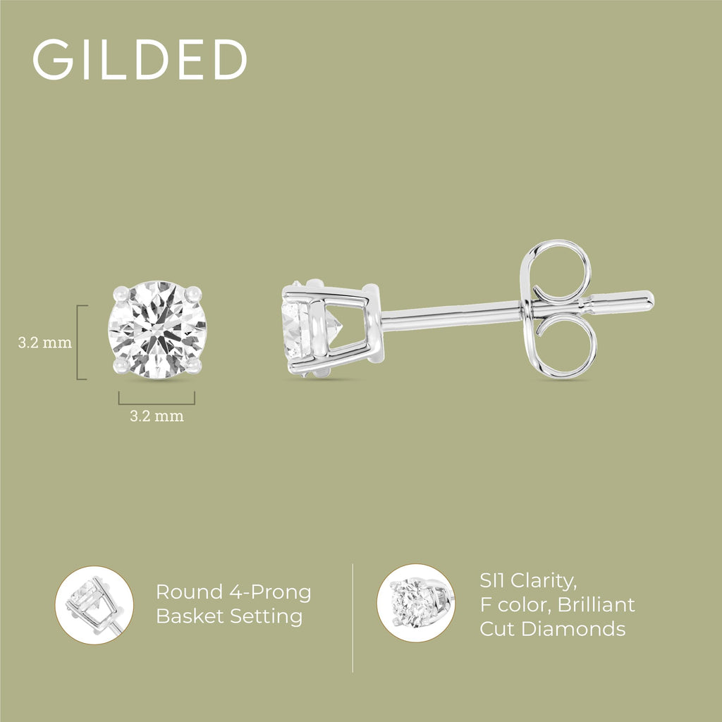 Gilded 1/4 ct. T.W. Round Lab Diamond Stud Earrings for Women | 925 Sterling Silver Studs | Hypoallergenic Fine Jewelry | 4-Prong Basket, Push Back Nut | SI1 Clarity, F Color, Round Cut