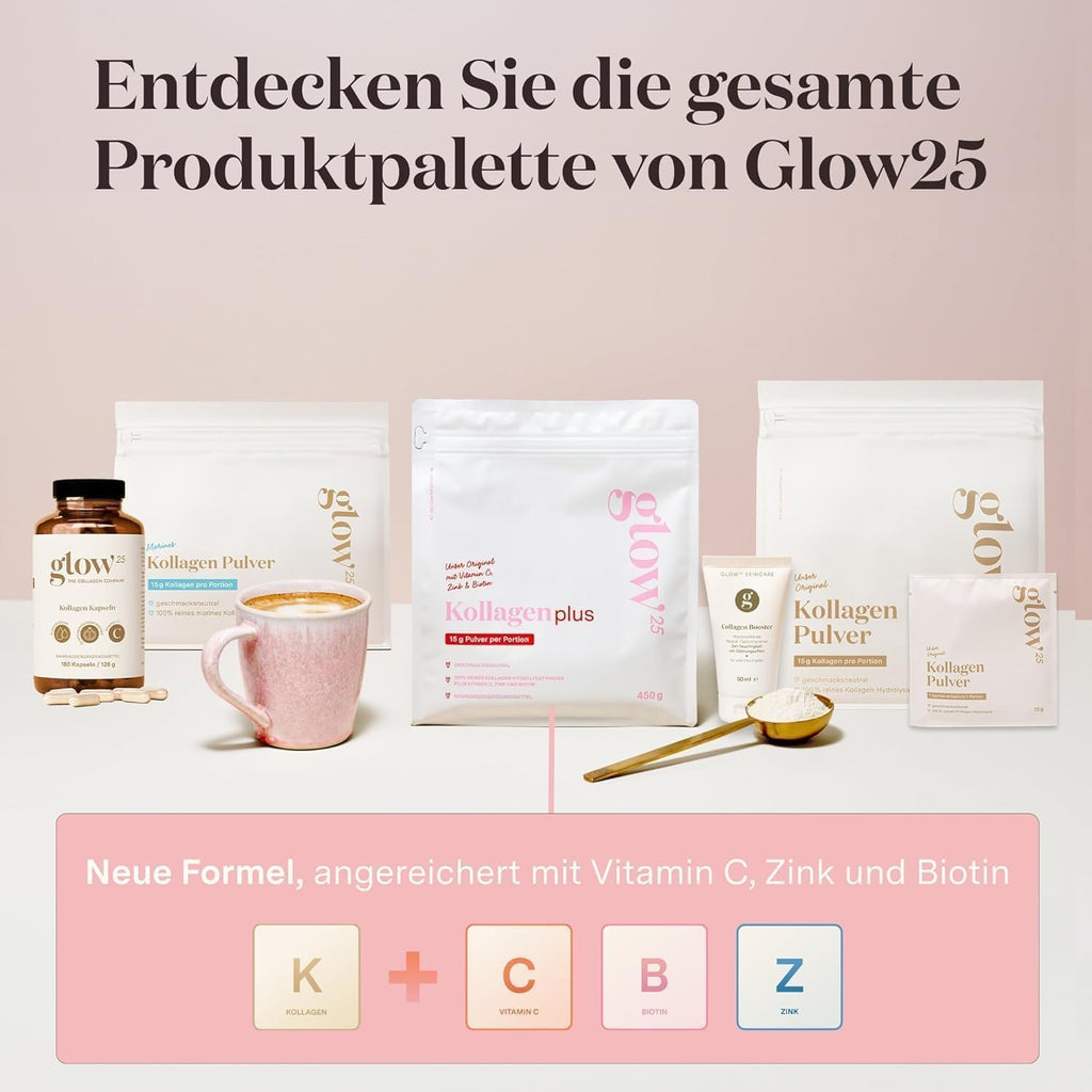 Glow25® Kollagen Kapseln hochdosiert [180 Kapseln] mit Hyaluronsäure und Vitamin C | Premium Collagen Complex für eine schöne Haut | Ohne Zusatzstoffe | Laborgeprüft | Made in Germany