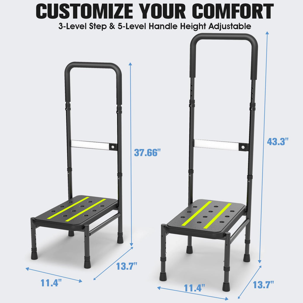 Upgraded Step Stool with Handle for Elderly Adults, Sturdy Bedside Step Stool for High Beds, Handle Step Stools with Sensor Light & Storage Bag,Heavy Duty 650lbs Bed Steps with Adjustable Handle & Leg