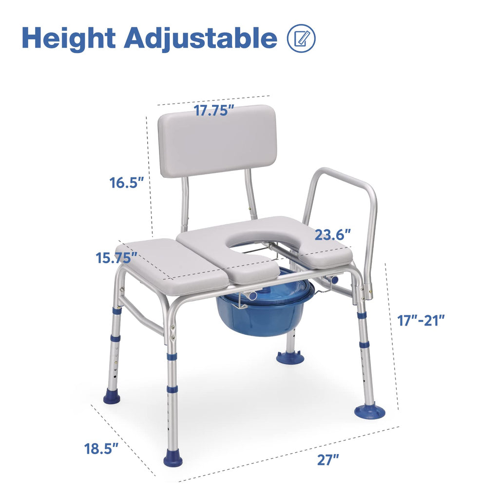GreenChief Bedside Commode Chair 500 LBS, Padded Transfer Bench for Bathtub with Arms and Backrest, Heavy Duty Tub Shower Chair Adjustable Bath Seat for Inside Shower for Elderly Disabled