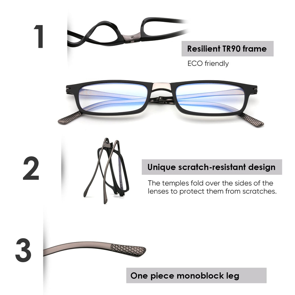SKYOAK Evolved Folding Reading Glasses For Women Men Blue Light Blocking Anti UV Eyestrain Foldable Portable Compact Readers with Flat Hard Case Pocket Computer glasses 2.0 BLACK