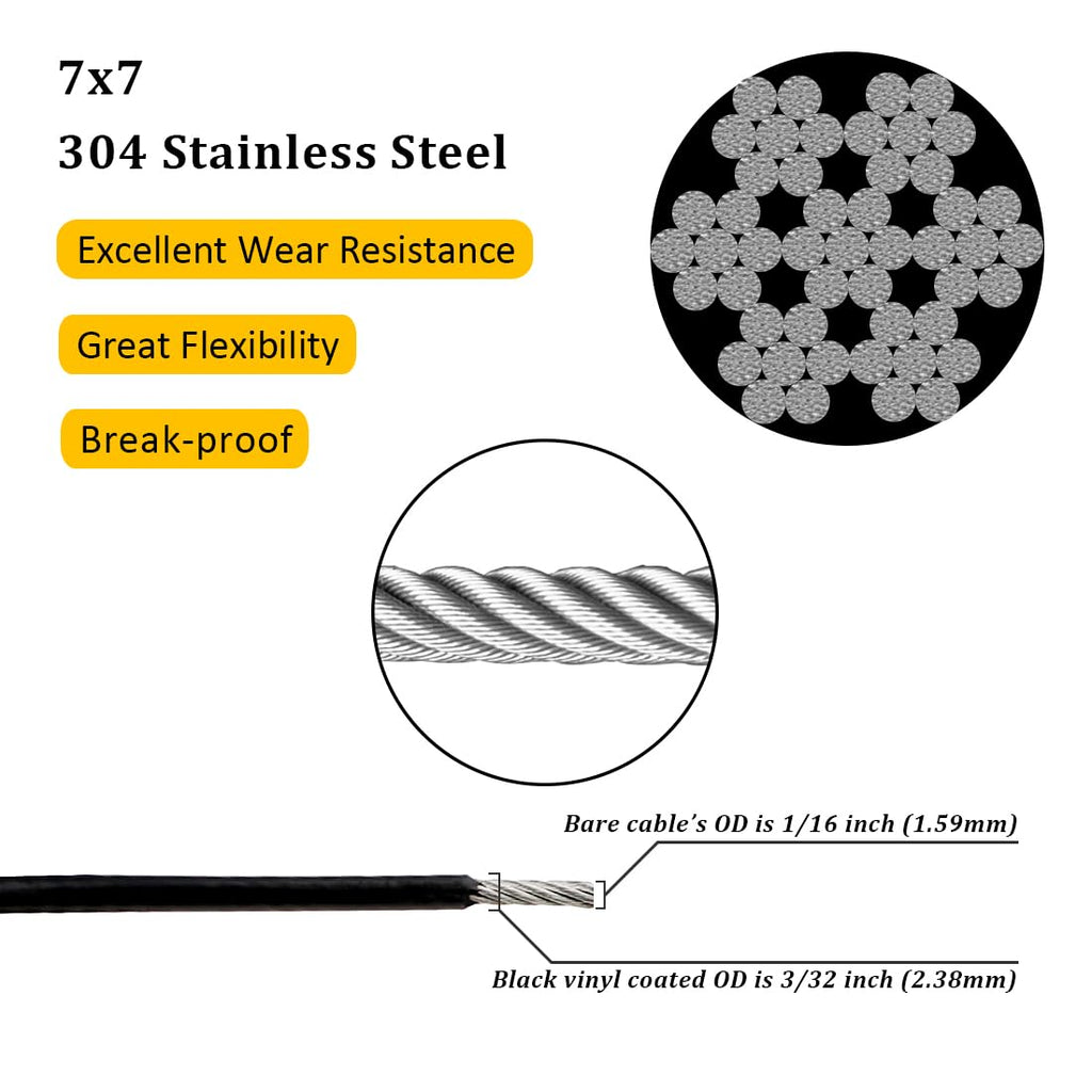 Vinyl Coated Wire Rope 304 Stainless Steel Coated Wire Cable-Black, 1/16" OD to 3/32" x 500FT, with 200 Pcs Crimping Sleeves-Cable for String Lights, Suitable for Clotheslines
