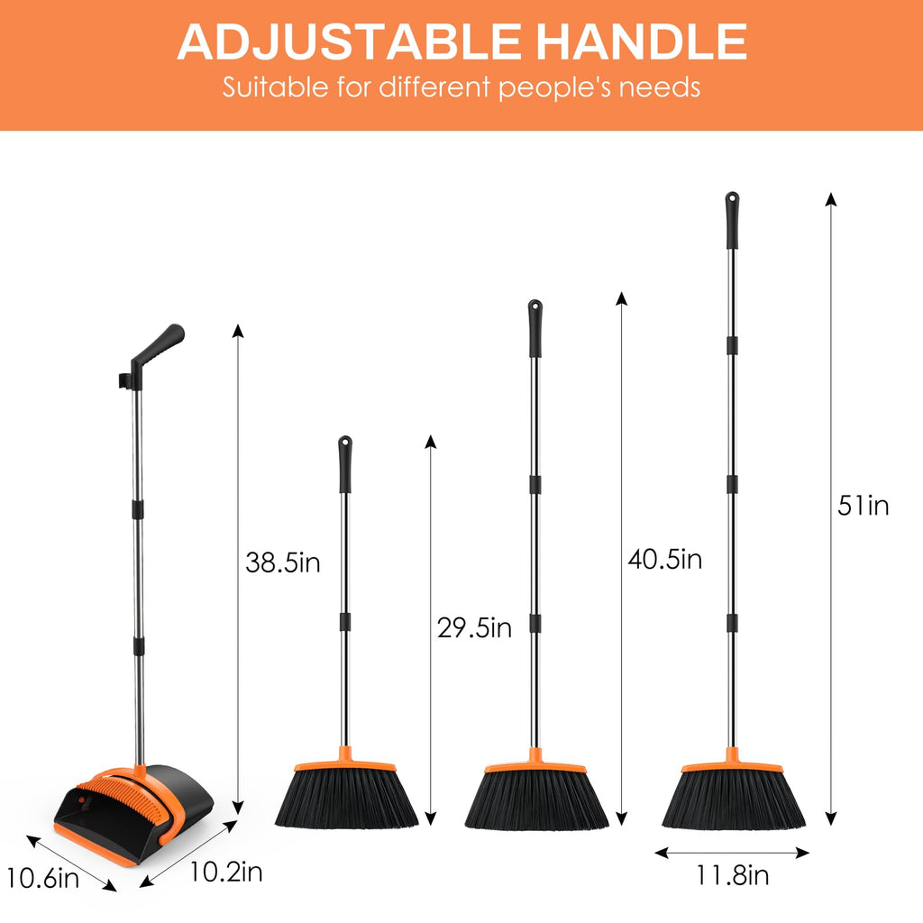 EZKEY Broom and Dustpan Set for Home, 51-in Long Adjustable Handle Angle Broom and Dustpan Combo Set with Dust Pan Teeth to Clean Hair for Home Kitchen Office Lobby Floor Garden, Black Orange