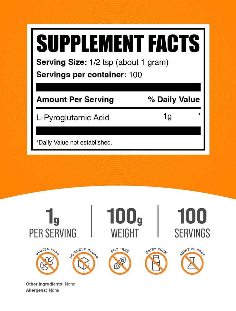 BulkSupplements.com L-Pyroglutamic Acid Powder - Pyroglutamic Acid Supplements, Amino Acid Supplement - for Well-Being, Gluten Free, 1g per Serving, 100g (3.5 oz) (Pack of 1)