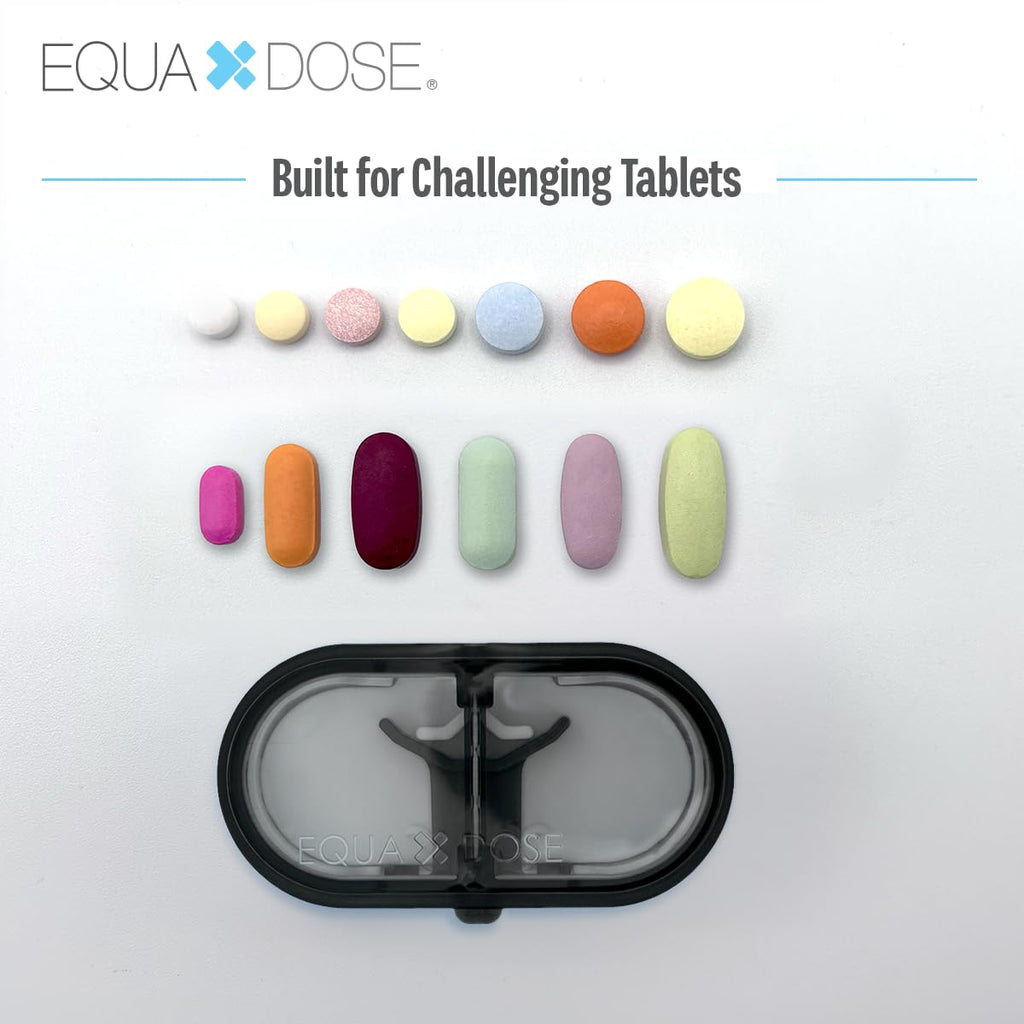 EQUADOSE Precision Pill Splitter with Centering Guide, Dual Stainless-Steel Blades for Small & Large Tablets, Accurate Halves & Quarters for Medication, Vitamins and Pet Pills, Black
