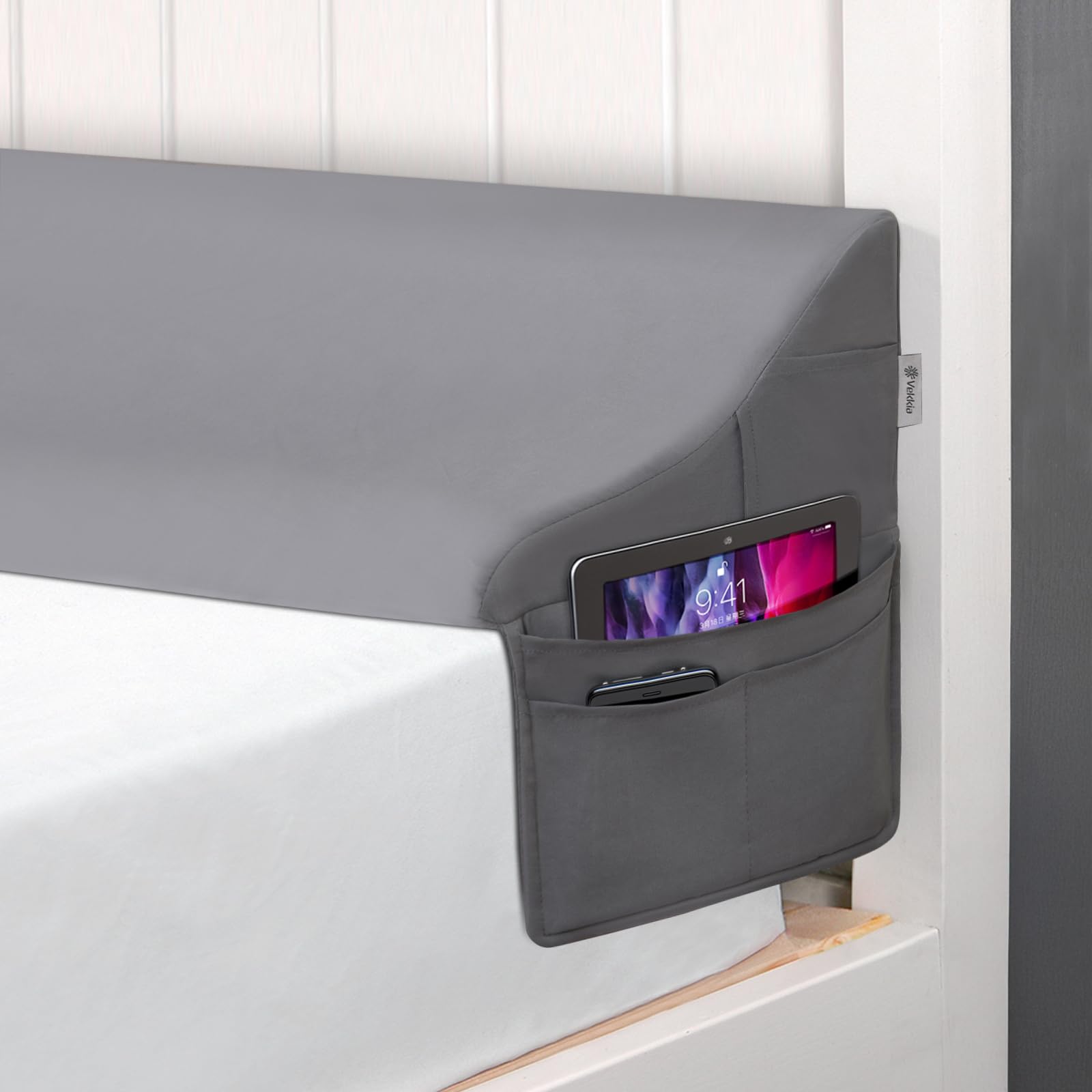 Vekkia Queen Bed Wedge Pillow for Headboard Gap – 0–6" Mattress Gap Filler with Supportive Comfort Foam & Large Side Pockets – Prevents Lost Pillows & Items, Washable Cover (Gray 60"x10"x7")