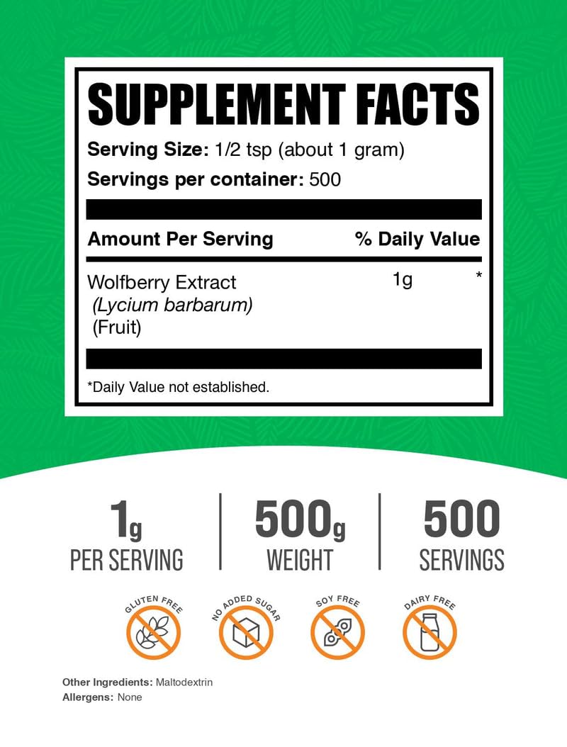BulkSupplements.com Wolfberry Extract Powder -Goji Berries Supplement, Fruit Powder - Vegan & Gluten Free, 1g per Serving, 500g (1.1 lbs) (Pack of 1)
