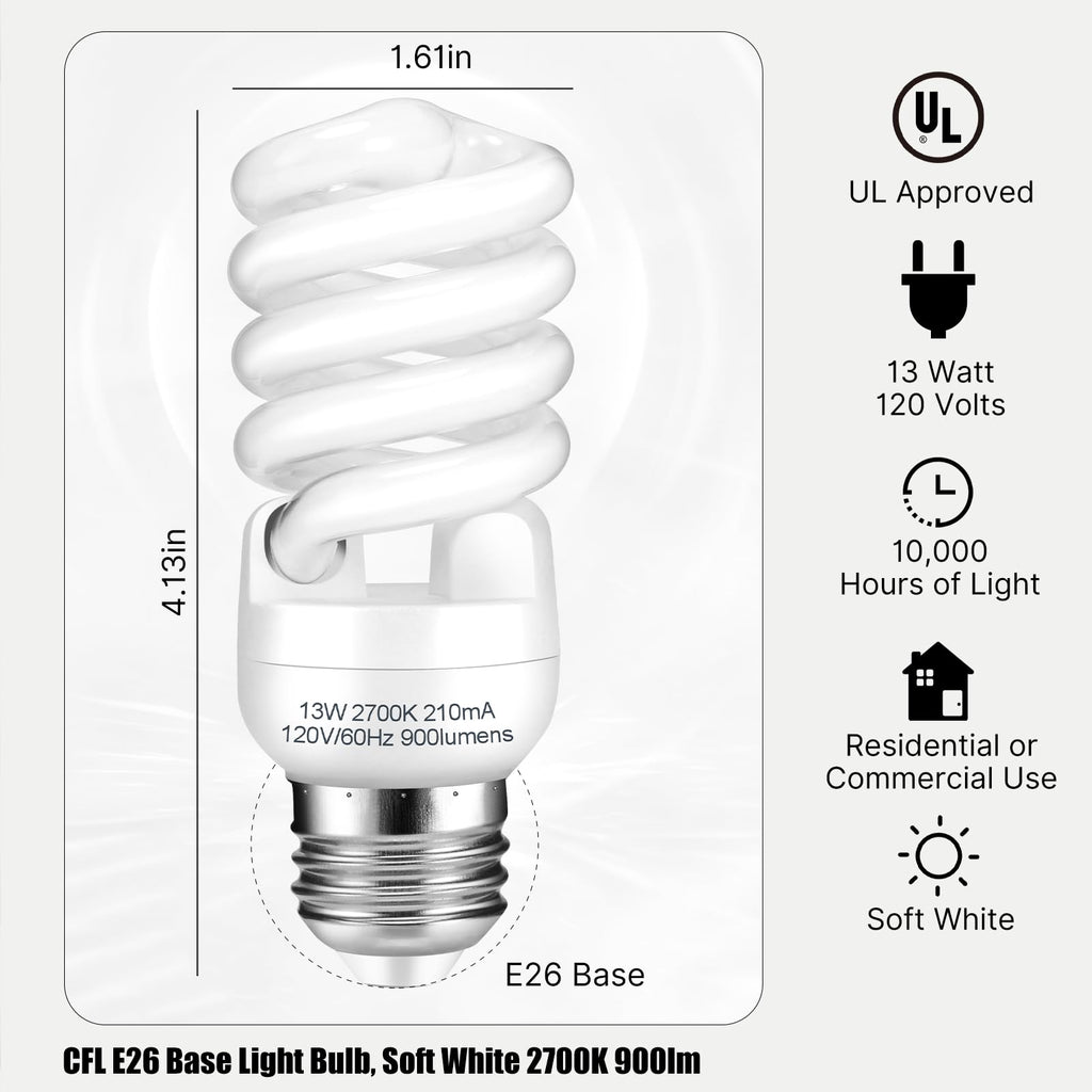 Barfelty CFL Light Bulbs E26 Base, T2 Spiral 13Watt (60Watt Equivalent) Soft White 2700K 900lm Compact Fluorescent Light Bulbs, UL Approved, 120v 60Hz, Self Ballasted CFL Bulbs, Pack of 12