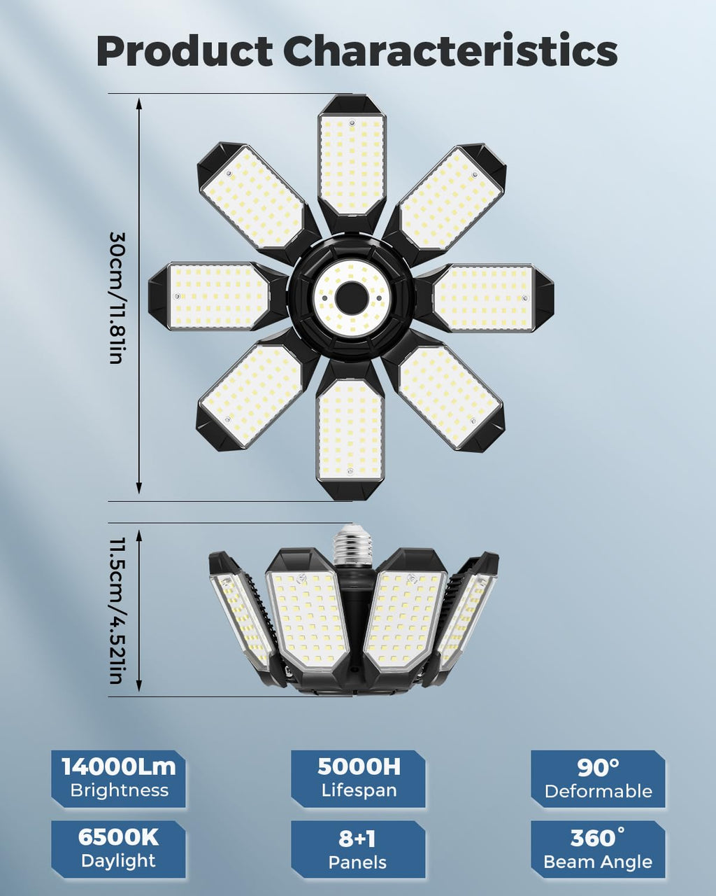 Adiding LED Garage Ceiling Lights 56000Lm 4 Pack w/ 8 Adjustable Panels, Super Bright Deformable Basement Lighting Fixture Screw in E26 Bulb Socket for Indoor Workshop, Attic, Storage, Bay, Home Gym