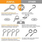 ZUSFUL 6 Pcs M6 304 Stainless Steel Screw Eye Hooks, 2-1/2 Inches Eyes Screw Hooks,Heavy Duty Screw Eye Bolt,Load Bearing 200LB,Indoor & Outdoor Use
