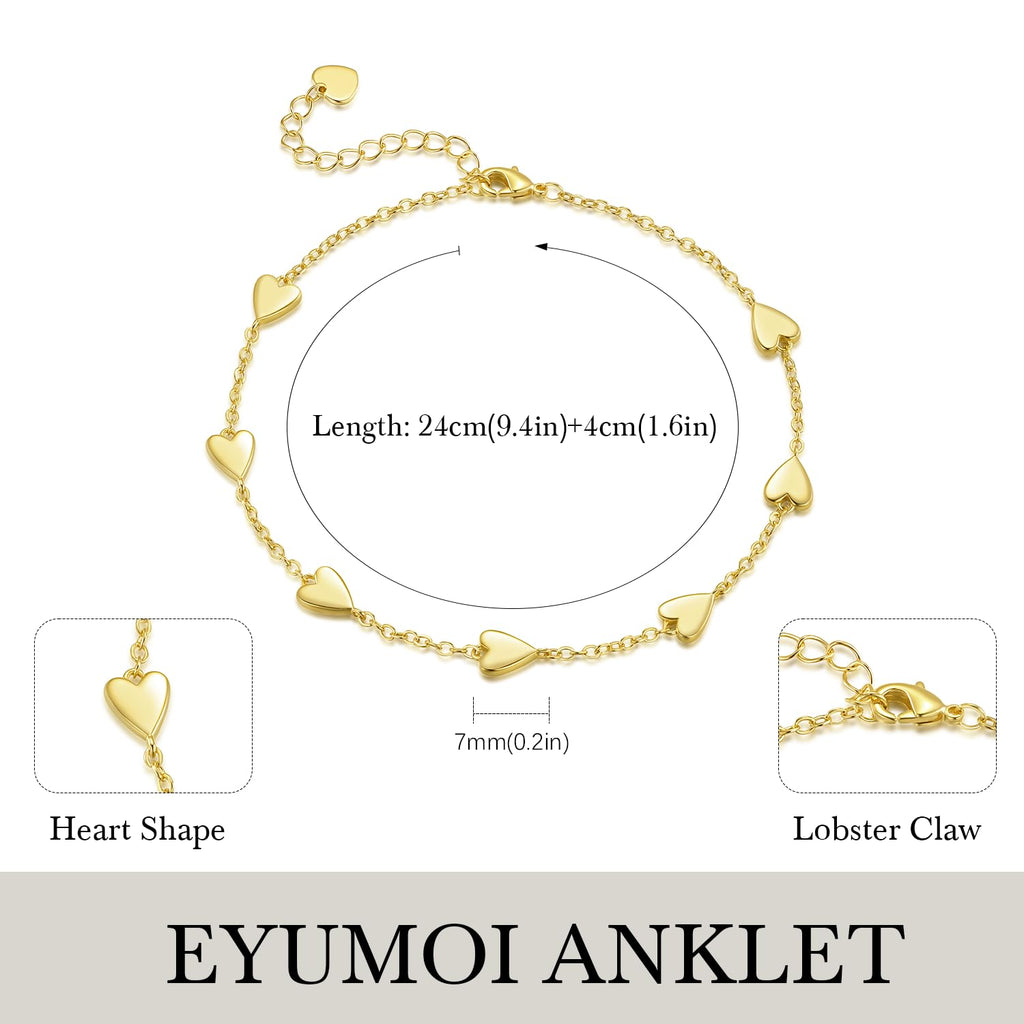 EYUMOI 14K Gold Anklets for Women Heart Ankle Bracelets for Women