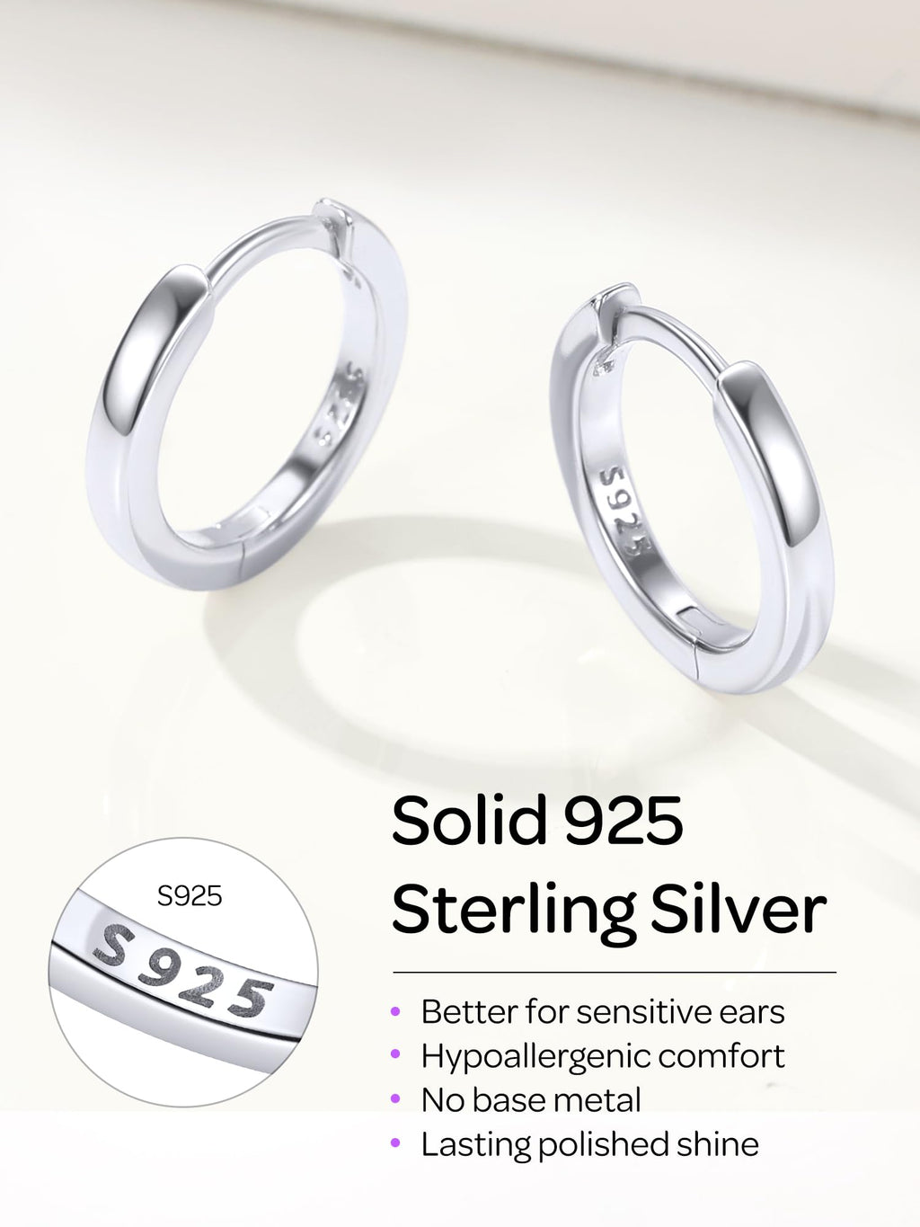 ChicSilver 925 Sterling Silver Huggie Hoop Earrings for Women Hypoallergenic White Gold Plated Cartilage Earrings Silver Huggies Earrings for Women 10MM