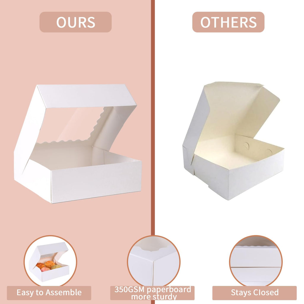 PFAMKEER 36 pcs 9x9x2.5 Inches Cake Box with Window, Bakery Pastry Cookie Boxes, Mini Pie for Pastry,Dessert,Strawberries,Chocolates (White, 9x9x2.5inch/36pcs)