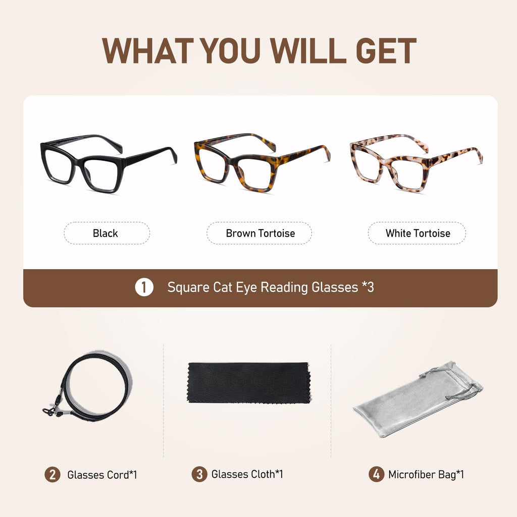 LKEYE Oversized Reading Glasses For Women Men Cat Eye Oprah Style Blue Light Blocking Computer Square Reader Designer Ladies Large Frame Fashion Spring Hinge Cute Eyewear LK6085 3 Pack +2.00 X