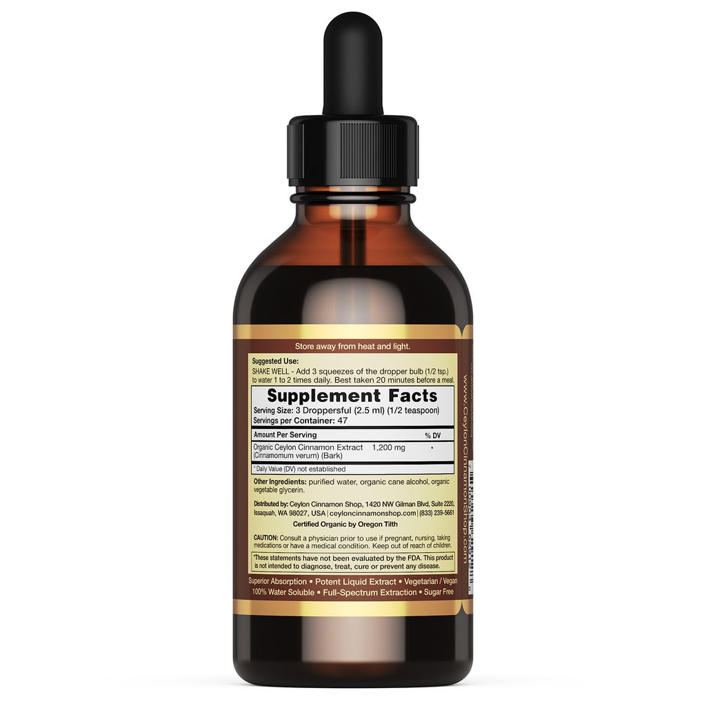 Ceylon Cinnamon Shop CinnaGold™ Organic Ceylon Cinnamon (100% Certified) Supplement, High-Potency Liquid Extract, 4 oz. – Super Antioxidant