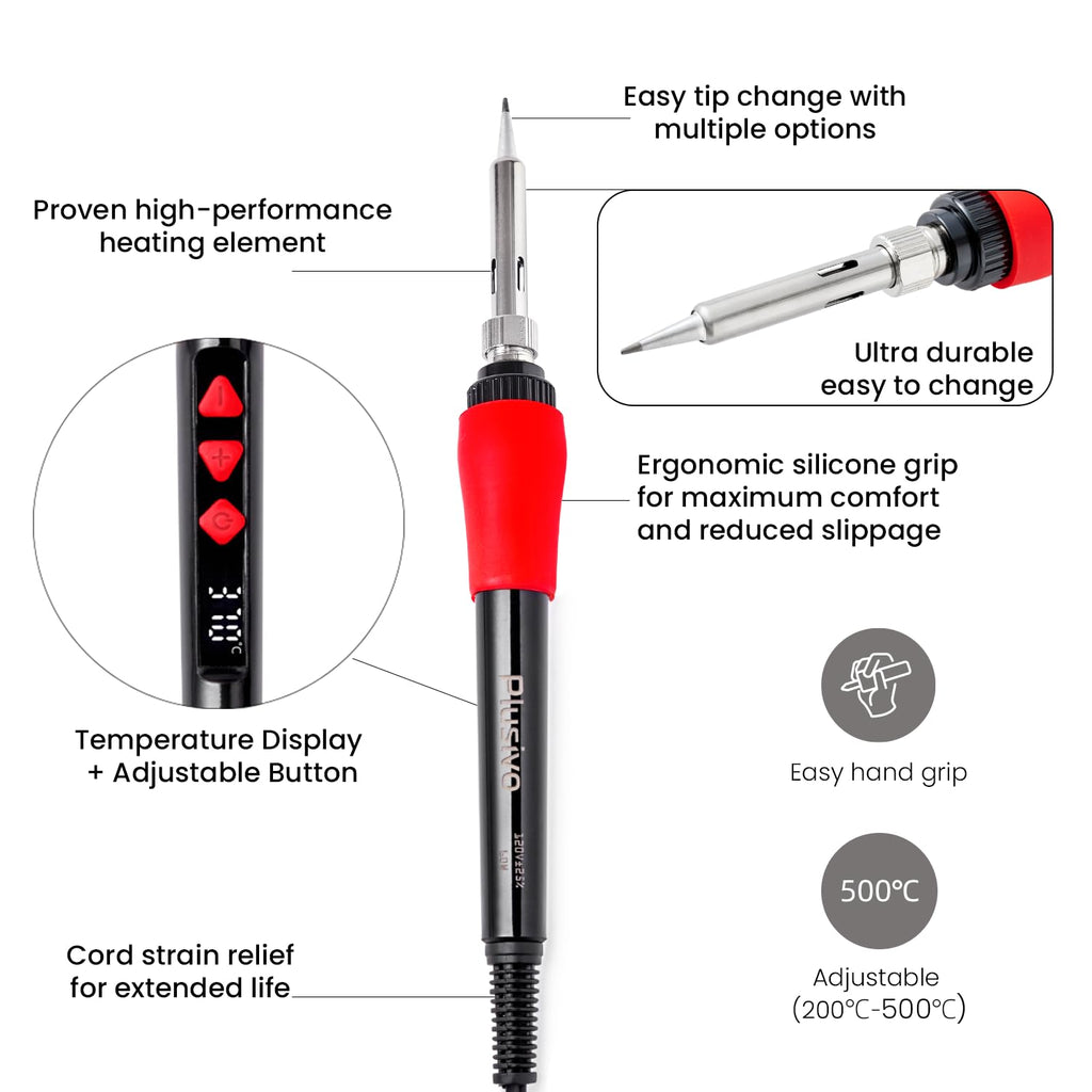 Soldering Iron Kit, 60W LED Display Digital Solder Pen, 5 Replaceable Tips, 21-in-1 Fast Heating with Solder Wire, Stand, Desoldering Pump, for Electronics Repair Hobby DIY 120V US Plug from Plusivo