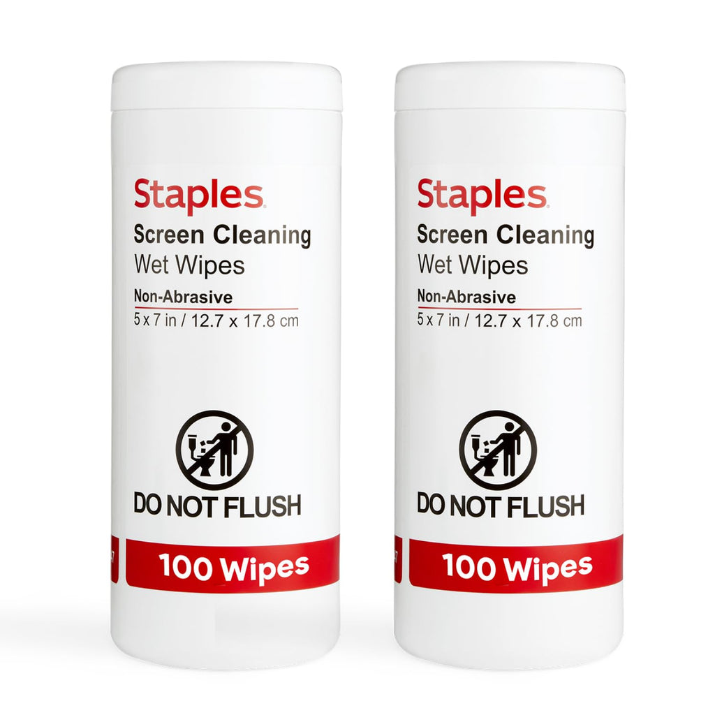 Staples Screen Cleaning Wipes – 100 per Tub, Safe for Monitors, Laptops & Electronics, 2‑Pack