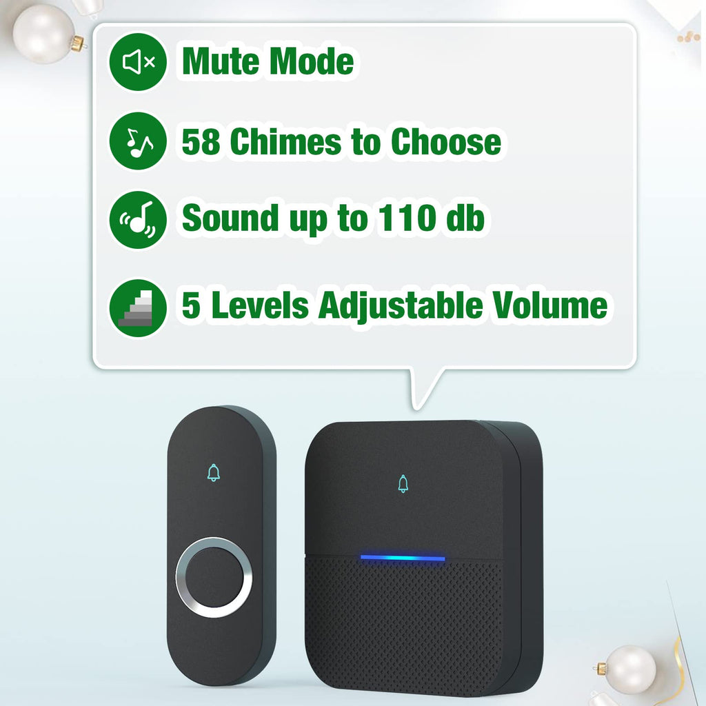 AIDA Lighted Wireless Doorbell for Home, Waterproof Battery Doorbell Wireless 1,000ft Range, 5 Volume Levels with 58 Chimes & LED Flash on Receiver (Black, 2 transmitters & 1 Receiver)