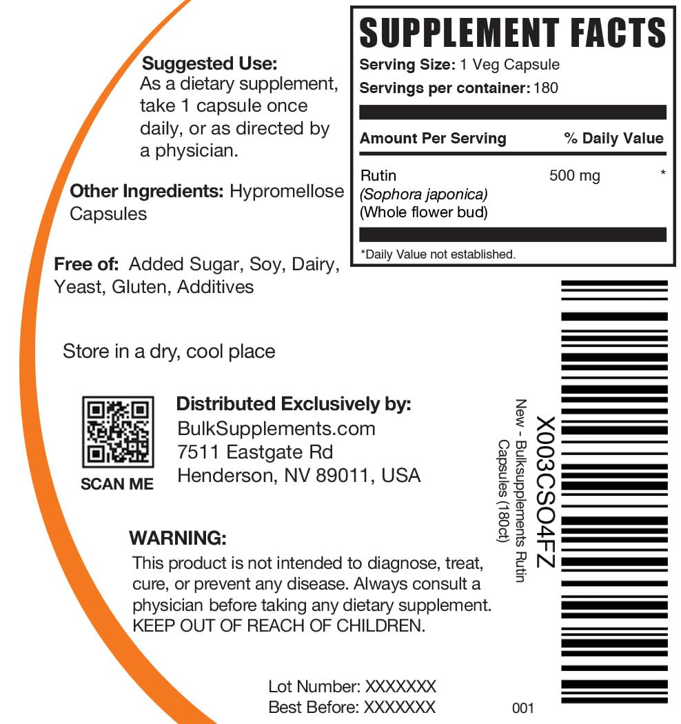 BulkSupplements.com Rutin 500mg Capsules - from Saphora Japonica, Rutin Supplement, Rutin Pills - Antioxidants Supplement - Vegan & Gluten Free, 1 Capsule per Serving, 180 Veg Capsules