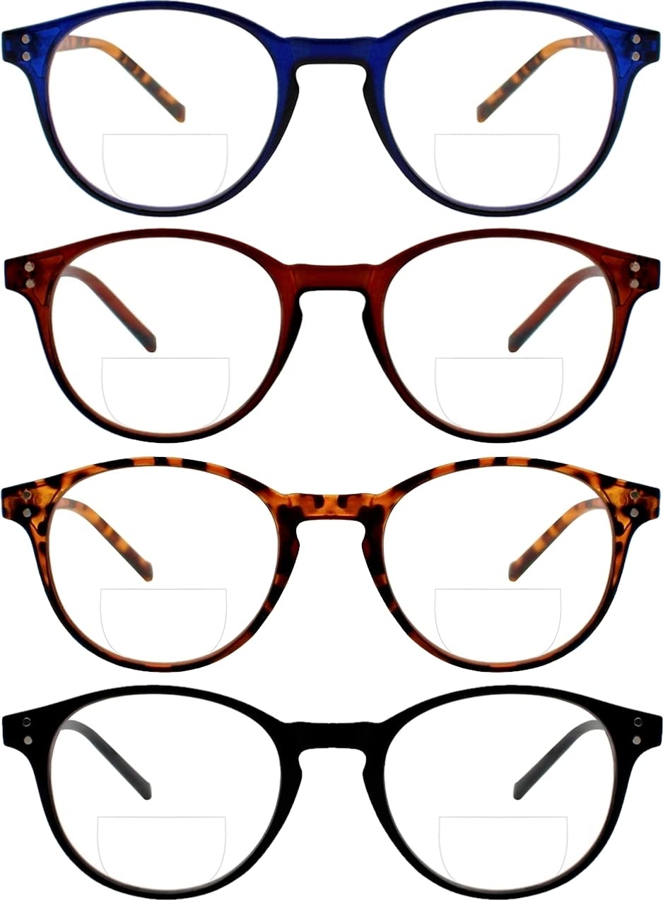 Yogo Vision Bifocal Reading Glasses for Men and Women Rectangle MultiFocal Readers with Spring Hinges Retro Design 4 Pack: Transparent Blue Frame, Transparent Brown, Demi, Black 2.5