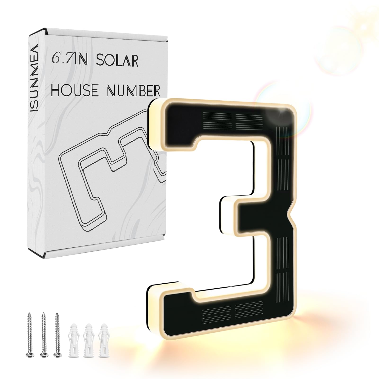 ISUNMEA 6.7 Inch Solar Lighted House Numbers for Outside, Light Up Waterproof LED Address Signs for Houses, Backlit Illuminated Exterior Modern House Numbers Light (3-Black, 6.7IN)