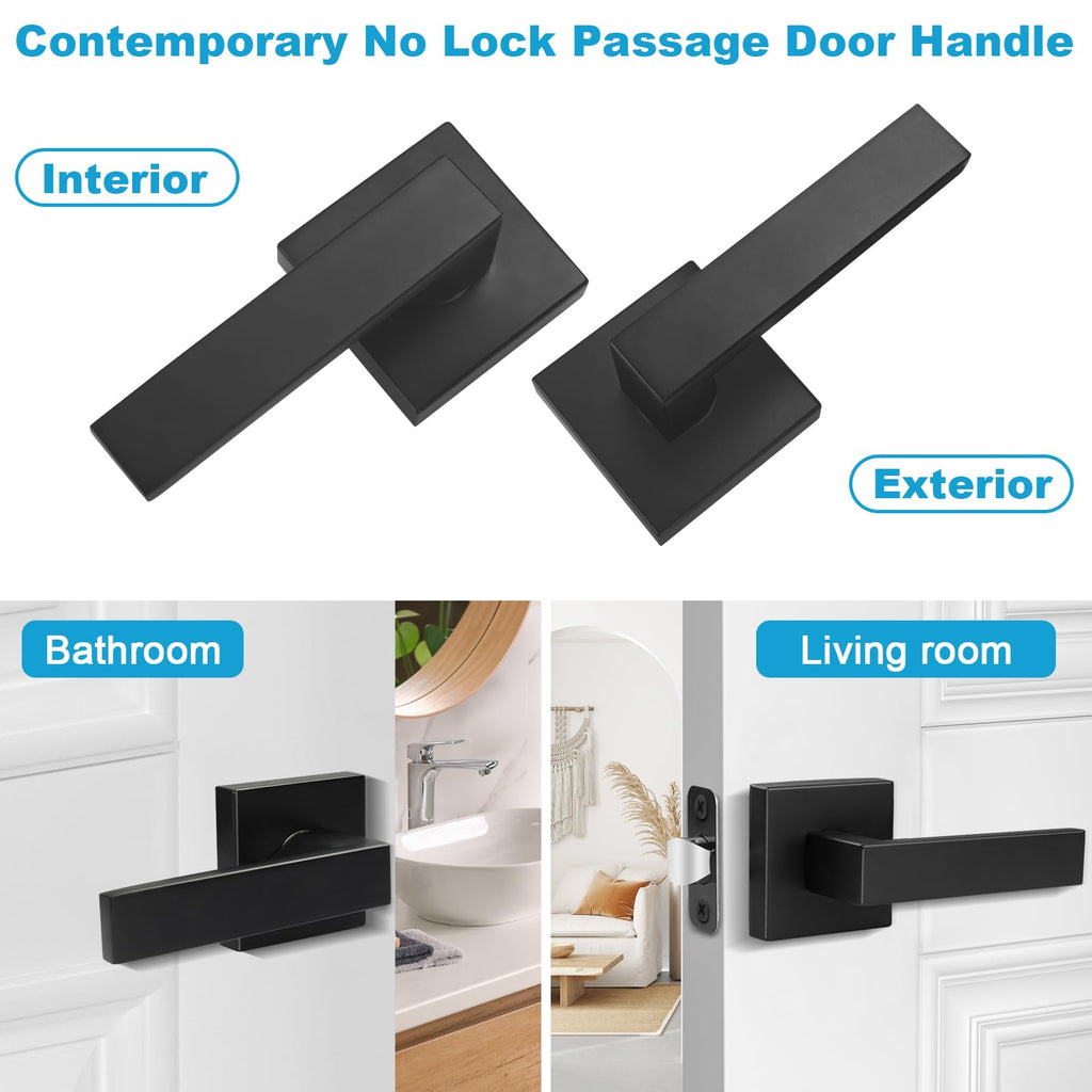Estmoon 1 Pack Passage Door Handle Matte Black Door Lever, Interior Door Knob Square Heavy Duty Non-Locking Handlesets Hall Closet Handle, Reversible for Right & Left Sided Doors