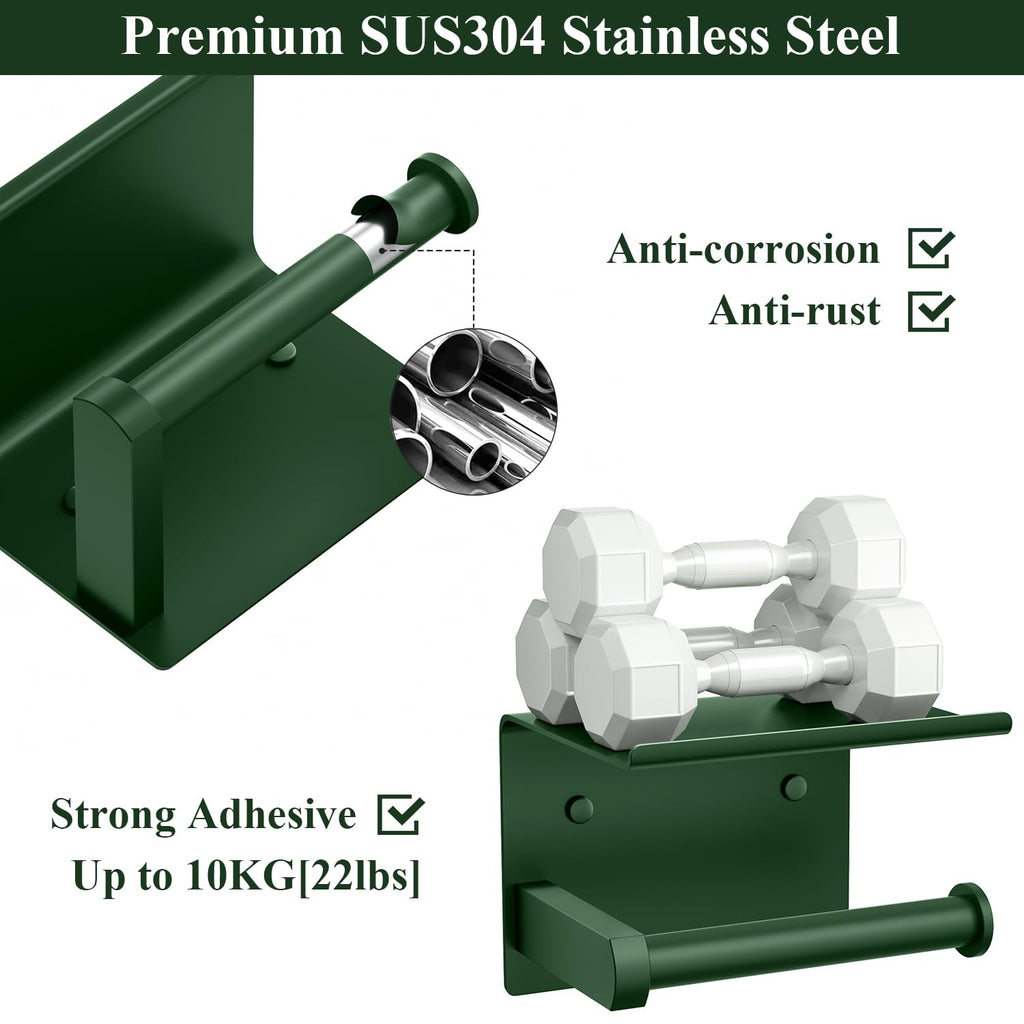 Tindbea Toilet Paper Holder with Shelf Adhesive or Screw Wall Mounted Toilet Paper Roll Dispenser Storage, Stainless Steel Bathroom Shelf Holder Accessories (Forest Green)