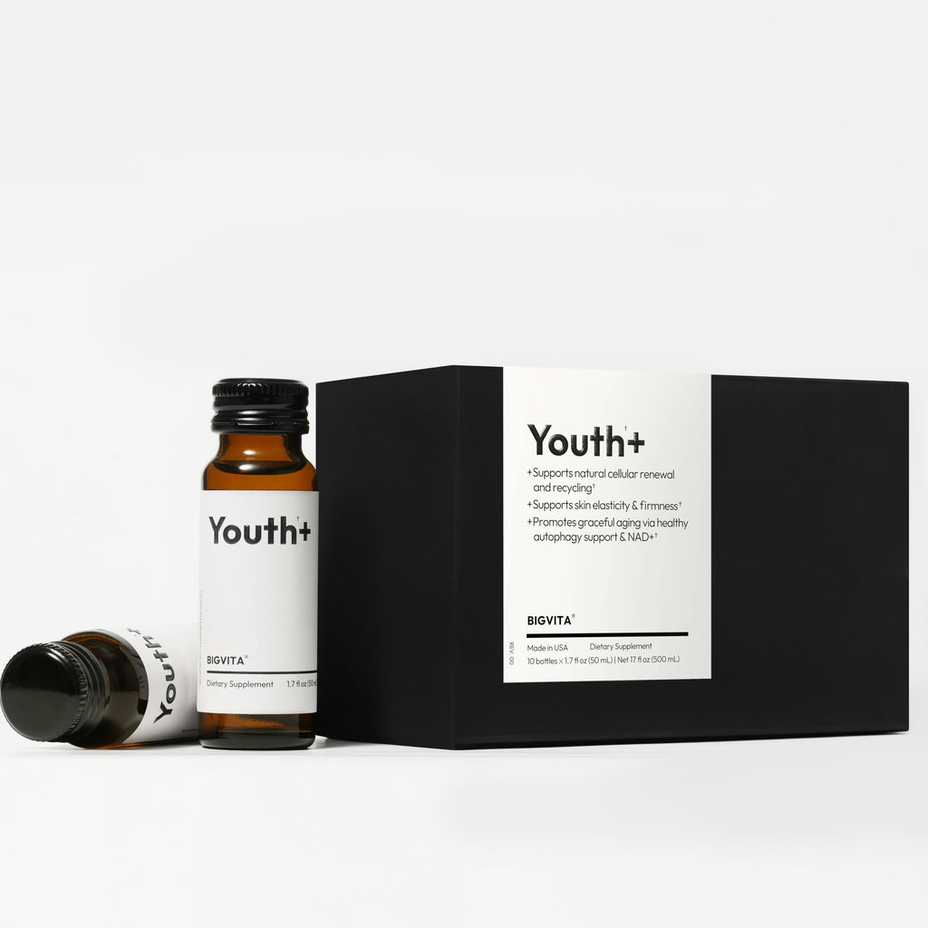 BIGVITA Youth+ | NAD+, Spermidine, and Ergothioneine Shots for Anti-Aging, Energy, Skin & Hair Health, Cognitive Support | Ready-to-Drink Supplement | Beauty from Within | Vegan, Made in USA