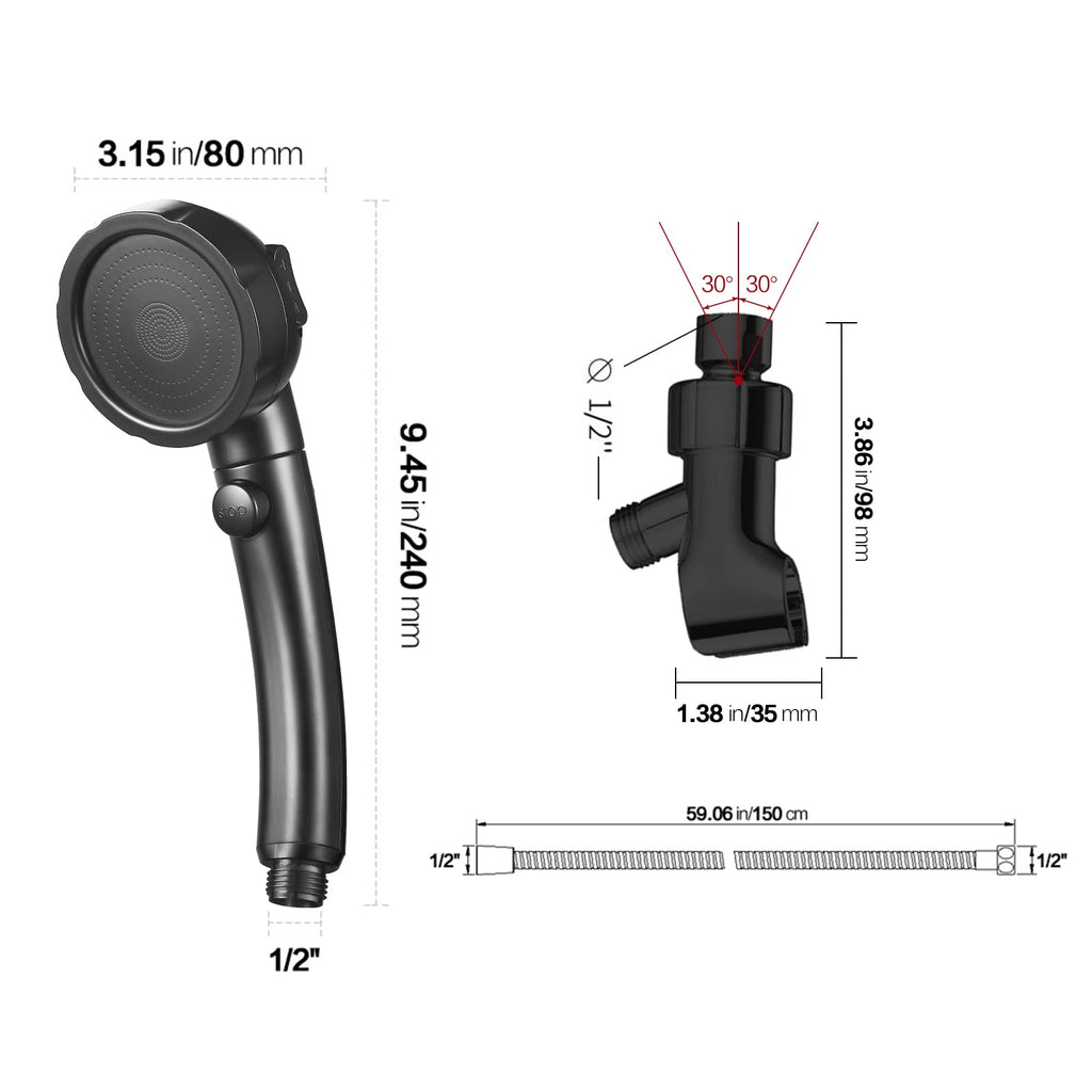 KAIYING High Pressure Handheld Shower Head with ON/OFF Pause Switch, 3 Spray Modes Shower Wand with Shut Off Button, Removable Camper Shower Head with Hose and Adjustable Angle Bracket (Black)