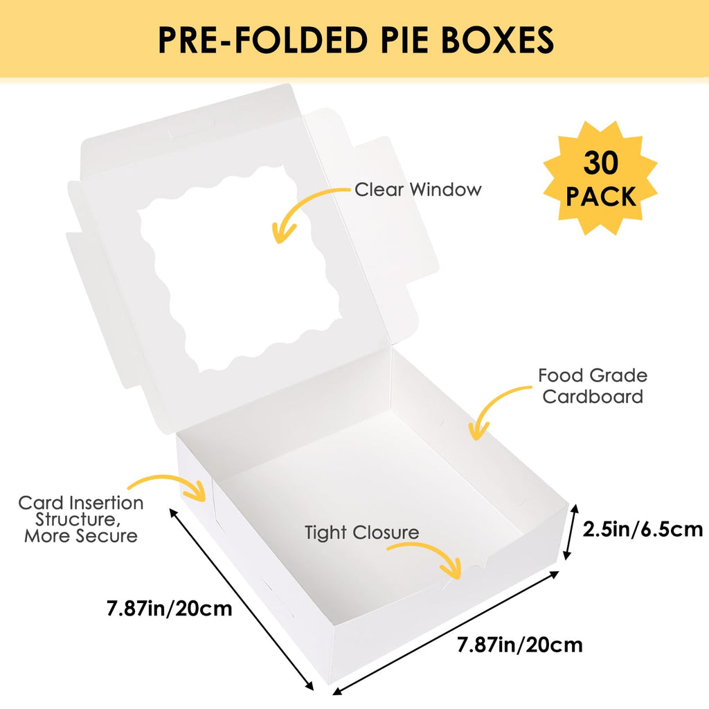 Moretoes 30pcs Bakery Boxes, 8x8x2.5 Cookie Boxes with Window, White Treat Containers for Donuts, Chocolate Strawberries, Pie, Birthday Party, Mother's Day, Weddings