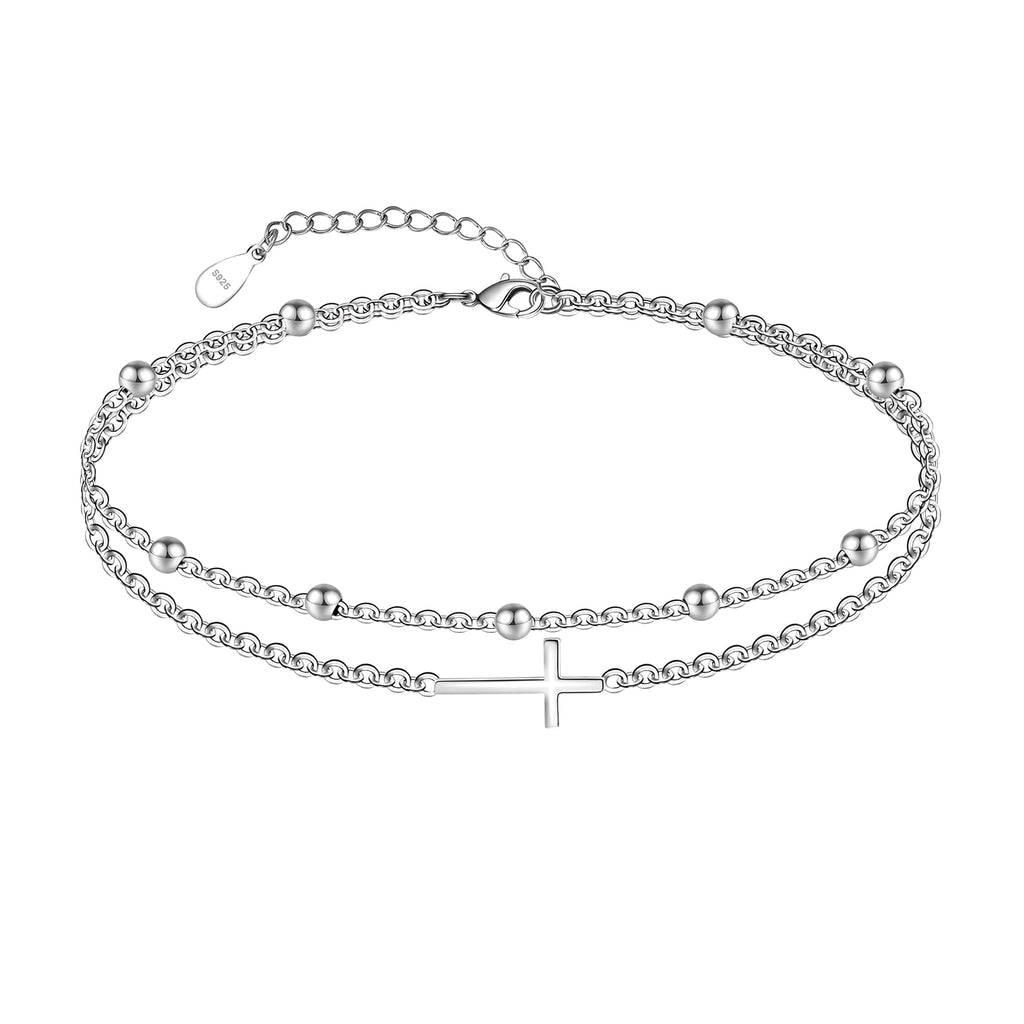 CHIC & ARTSY Cross Anklet 925 Sterling Silver Sideways Cross Ankle Bracelet Christian Layered Anklet for Women Double Chain Sexy Ankle Bracelet 11 inches