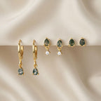 Moss Agate Gold Earrings for Women Set Stud Earring Stacks 14k Gold Plated Hypoallergenic Huggie Hoop Earrings Set Green Gemstone Dangle Earring Golden Jewelry Gifts For Women