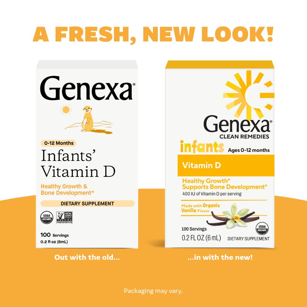 Genexa Infants Vitamin D Liquid Drops for Newborn, Baby & Toddler | Bone Development | Delicious Organic Vanilla Flavor | Certified Organic, Gluten Free, & Non-GMO | 270 Servings (3 Pack)