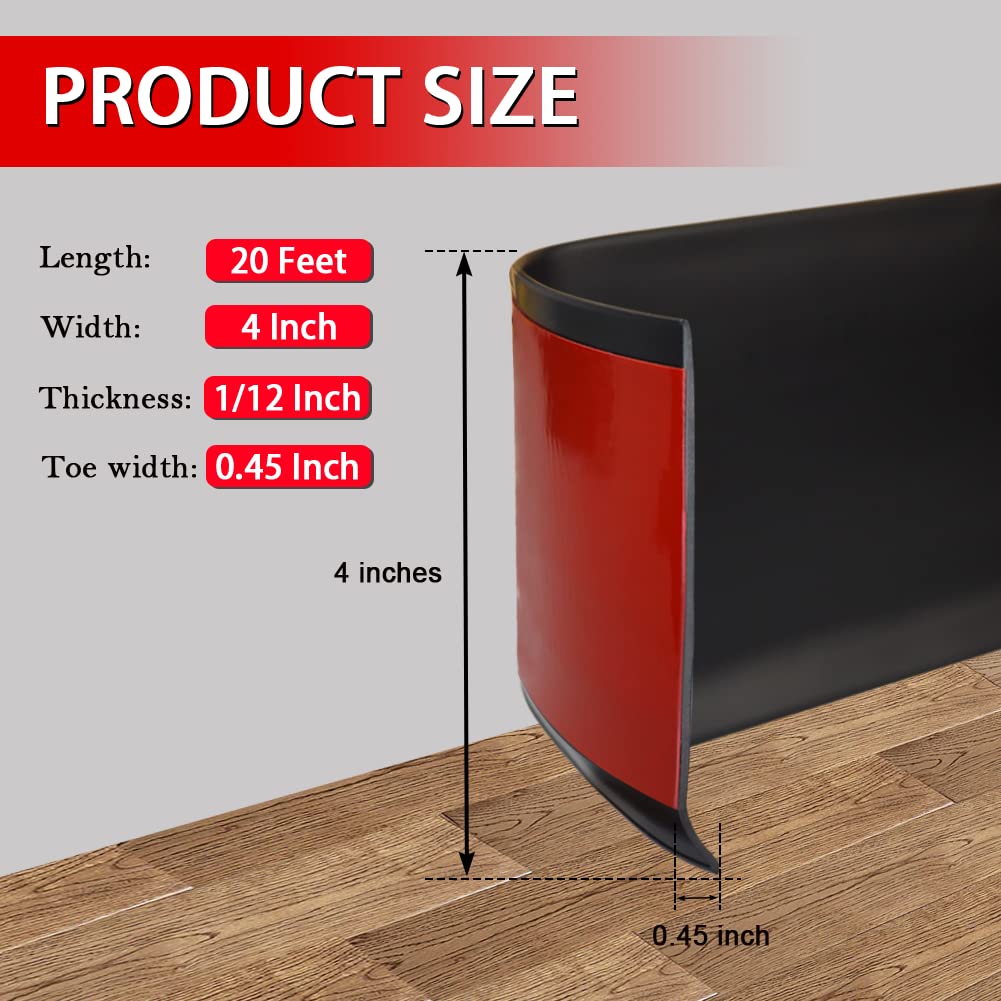 Vinyl Wall Base Baseboard Molding Trim 4" Flexible Self Adhesive Rubber Wall Base Moulding Trim Peel and Stick Design, 4 Inch x 20 Feet, Black