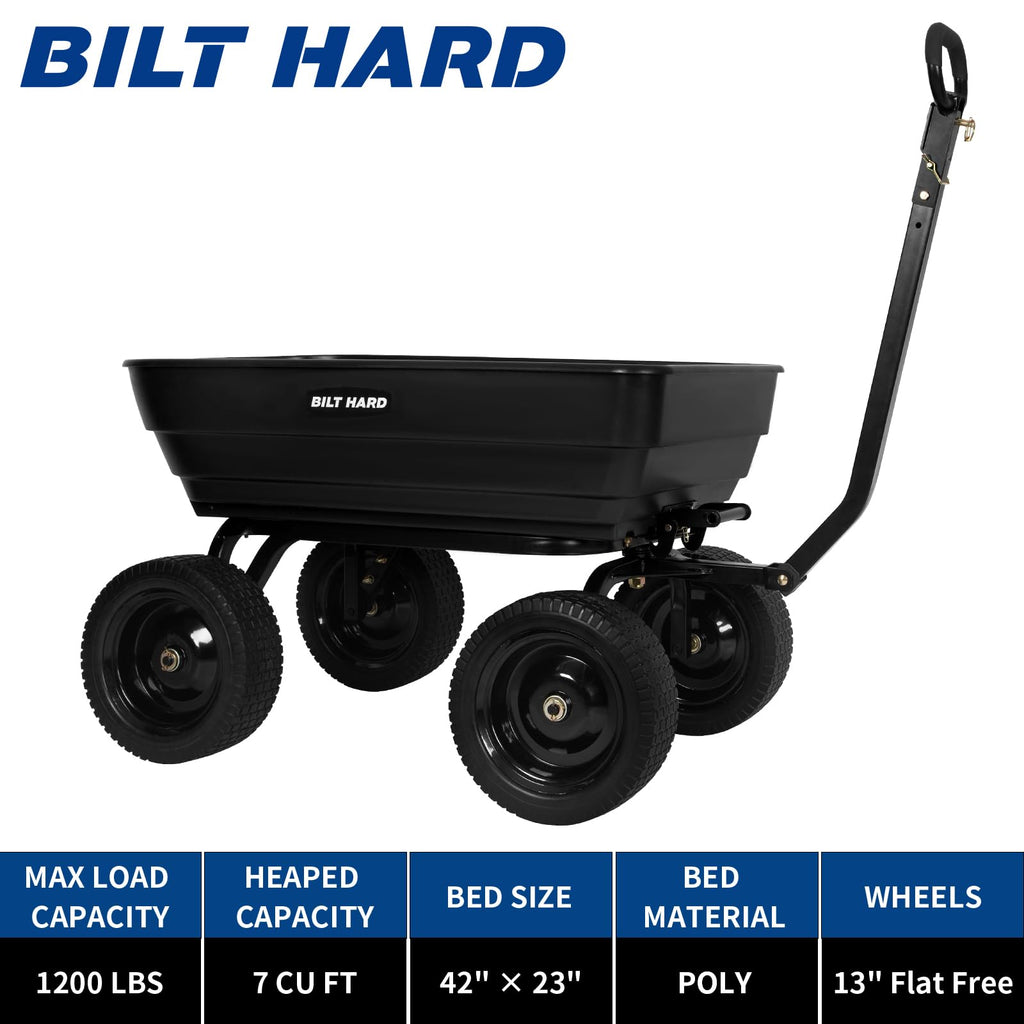BILT HARD 7 Cu Ft Poly Garden Dump Cart 1200 lbs with No Flat Tires, Quick Release, 2-in-1 Convertible Handle, Dump Wagon Heavy Duty for Yard, Outdoor