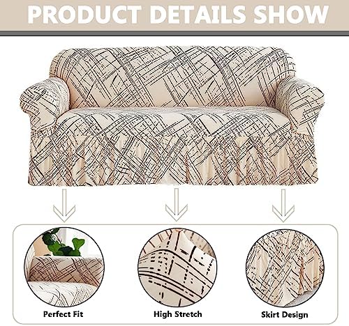 OQHAIR Stretch Prints Sofa Cover Dustproof Anti Slip Sofa Slipcover Universal with Skirt Sofa Cover for 3 Cushion Couch Furniture Protector Living Room -D-2Seat