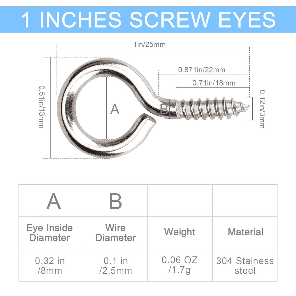 Aovchei 50pcs 304 Stainless Steel 1 Inches Eye Screws, Screw Hooks