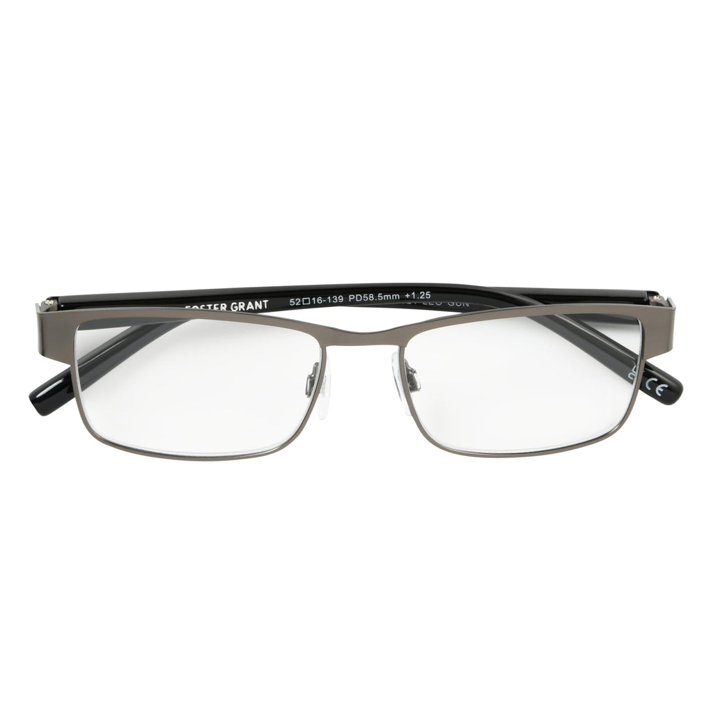 Foster Grant Men's Leo Square Reading Glasses, Gunmetal/Transparent, 59 mm + 2