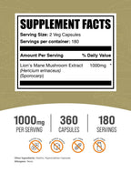 BulkSupplements.com Lion's Mane Mushroom Extract Capsules - Mushroom Supplement, Brain Supplement for Memory and Focus Support - Vegan, 2 Capsules per Serving (1000mg), 360 Capsules (Pack of 1)