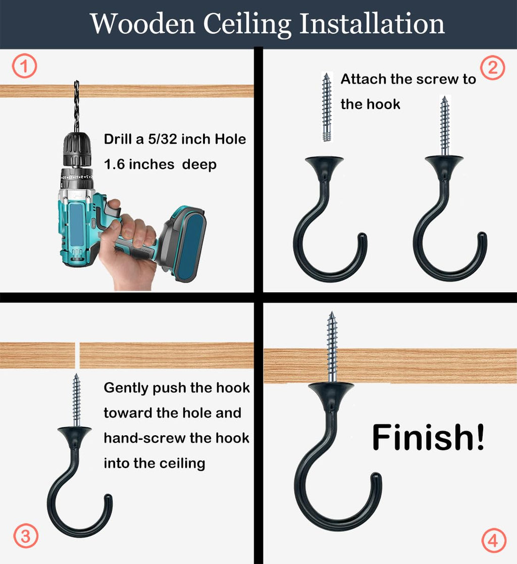 Evsteluo Heavy Duty Ceiling Hooks for Hanging Plants 4 Pack (Black)