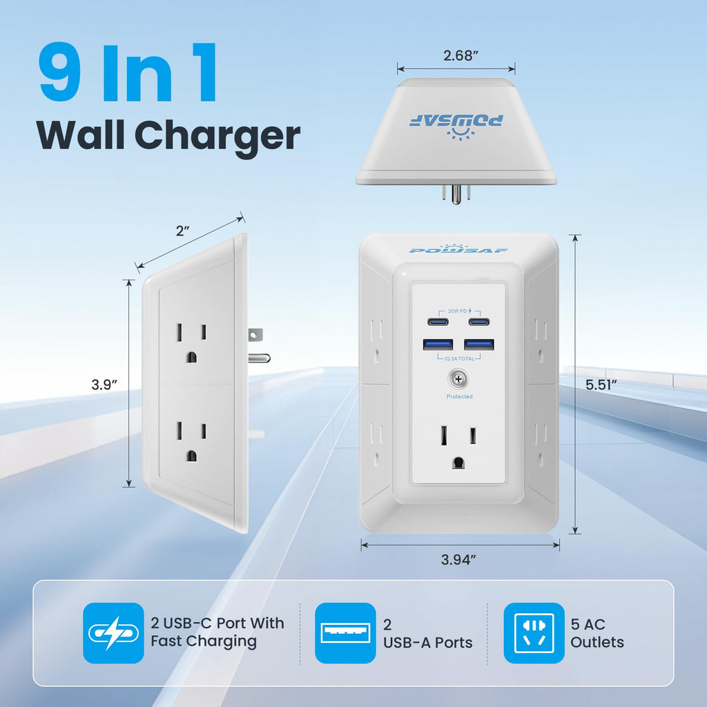 Multi Plug Outlet Surge Protector - POWSAF 5 Outlet Extender with 4 USB Ports(2 USB-C Fast Ports) and Night Light, 3-Sided Power Strip with Adapter Spaced Outlets - ETL, White