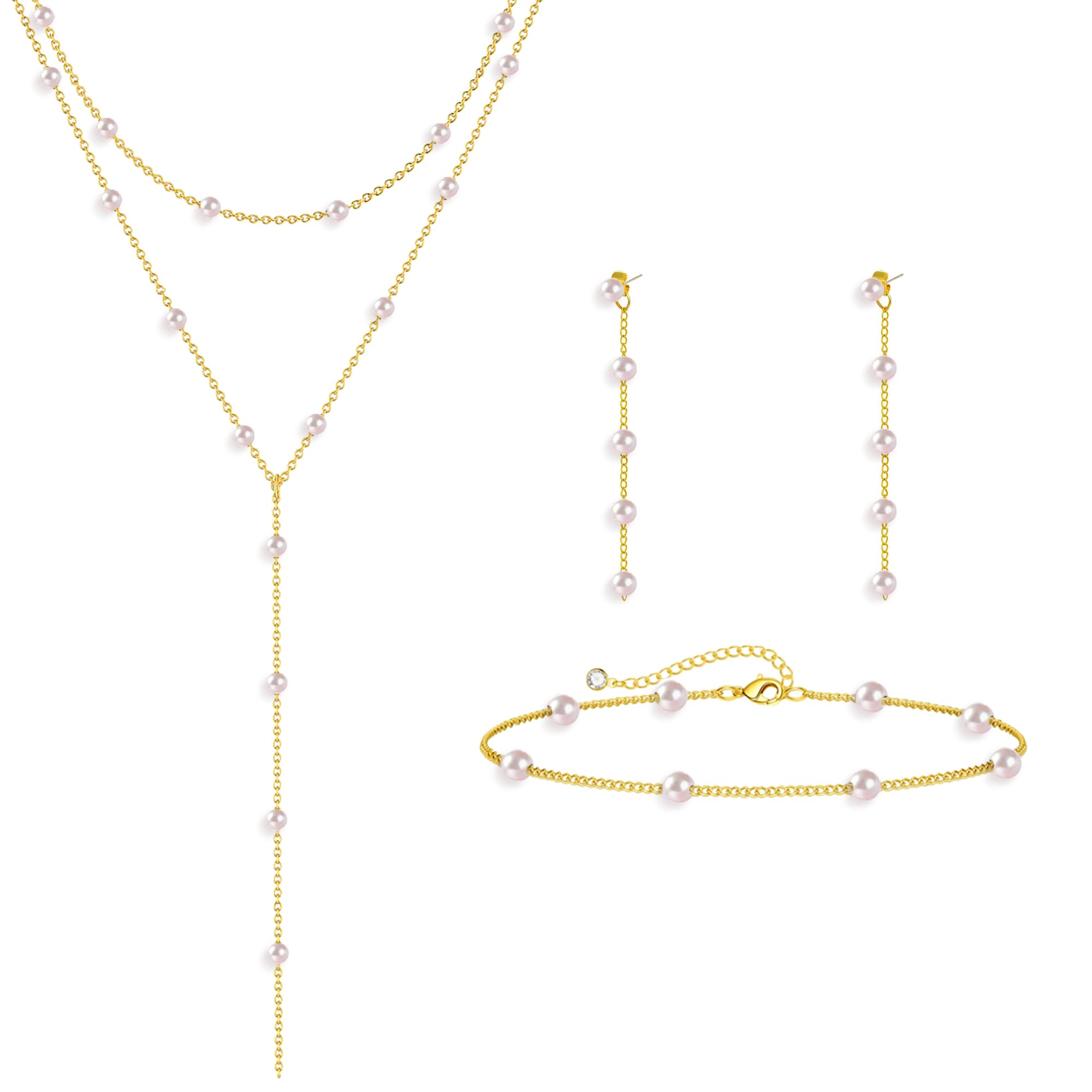 HAXIYA Lariat Long Gold Necklace for Women Pearl Y Necklaces Set