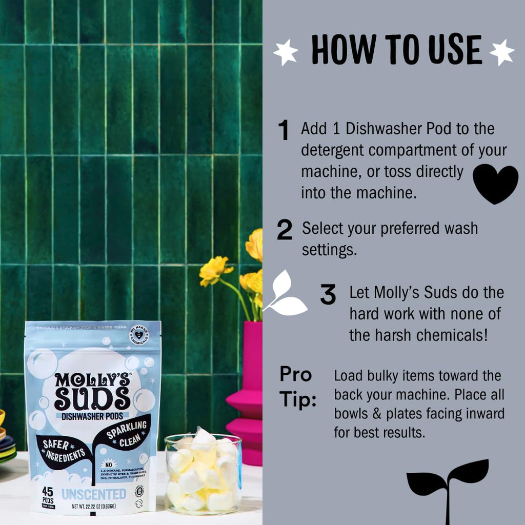 Molly's Suds Dishwasher Pods | Clean Dishwasher Detergent, Cuts Grease & Rinses Clean (Residue-Free) for Sparkling Dishes | 120 Auto-Release Tabs (Unscented)