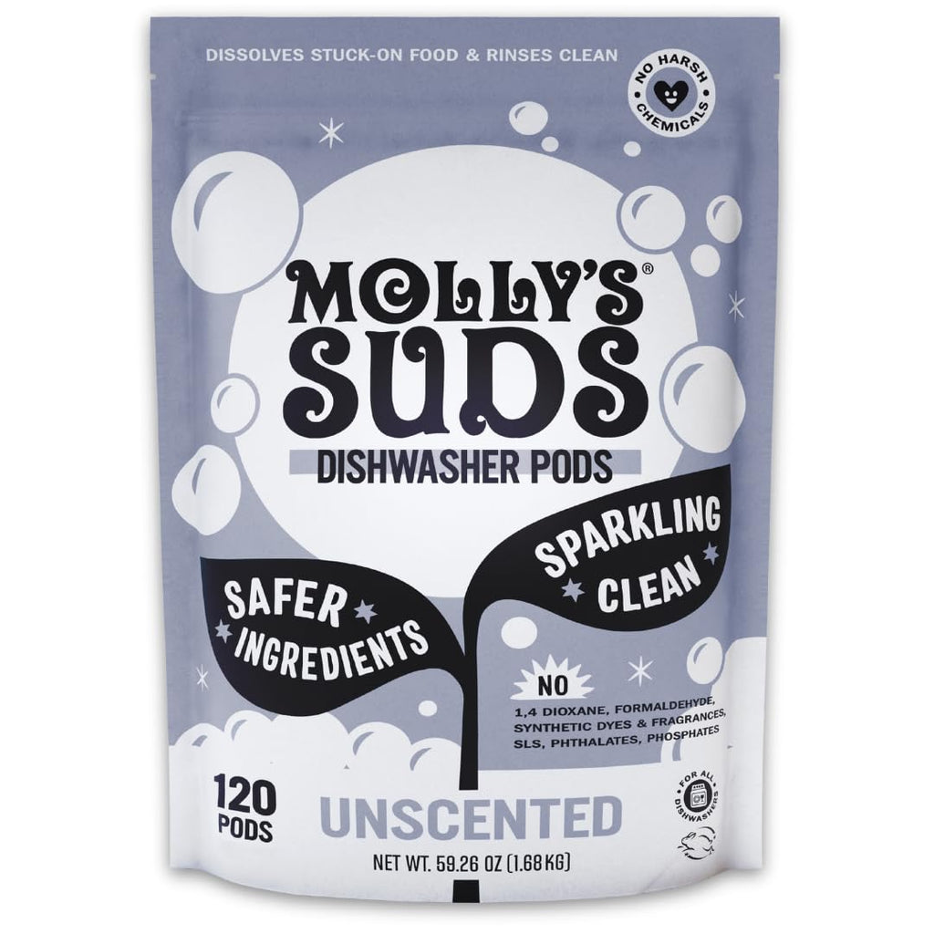 Molly's Suds Dishwasher Pods | Clean Dishwasher Detergent, Cuts Grease & Rinses Clean (Residue-Free) for Sparkling Dishes | 120 Auto-Release Tabs (Unscented)