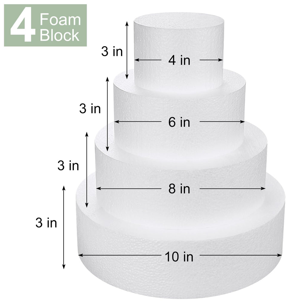 4 Tiers Foam Cake Dummies 4" 6" 8" 10", White Dummy Cakes Styrofoam Sets, 12 Inch Tall Fake Cake, Dummy Cake for Wedding Cake Supplies Decorating Birthday Wedding Display