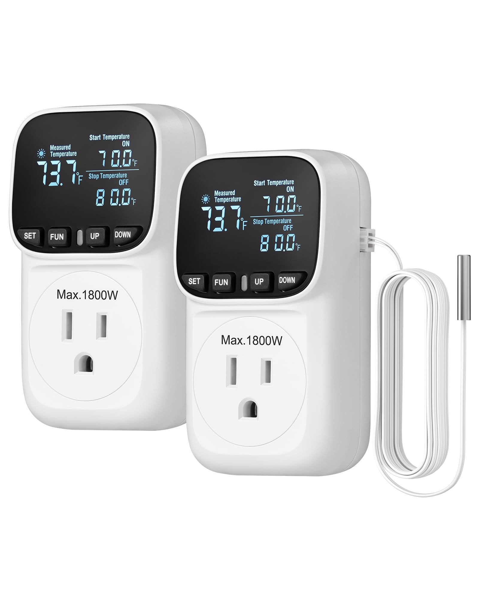 DEWENWILS Digital Temperature Controller, 2 Pack15A/1800W Thermostat Outlet Plug, VA Display Heating Cooling Control Timer, -40℉~210℉, Cyclic Timing/Countdown, for Greenhouse Incubator Homebrew