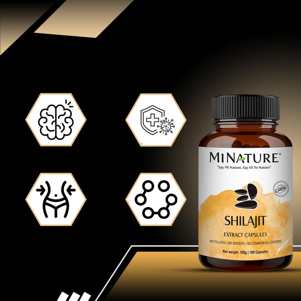 Shilajit Capsules - Non GMO Extract by mi Nature | 180 Veg Caps | Promotes Vibrant Energy & Vitality| 1000 mg | 100% Only Shilajit Extract Capsules | Fulvic Acid