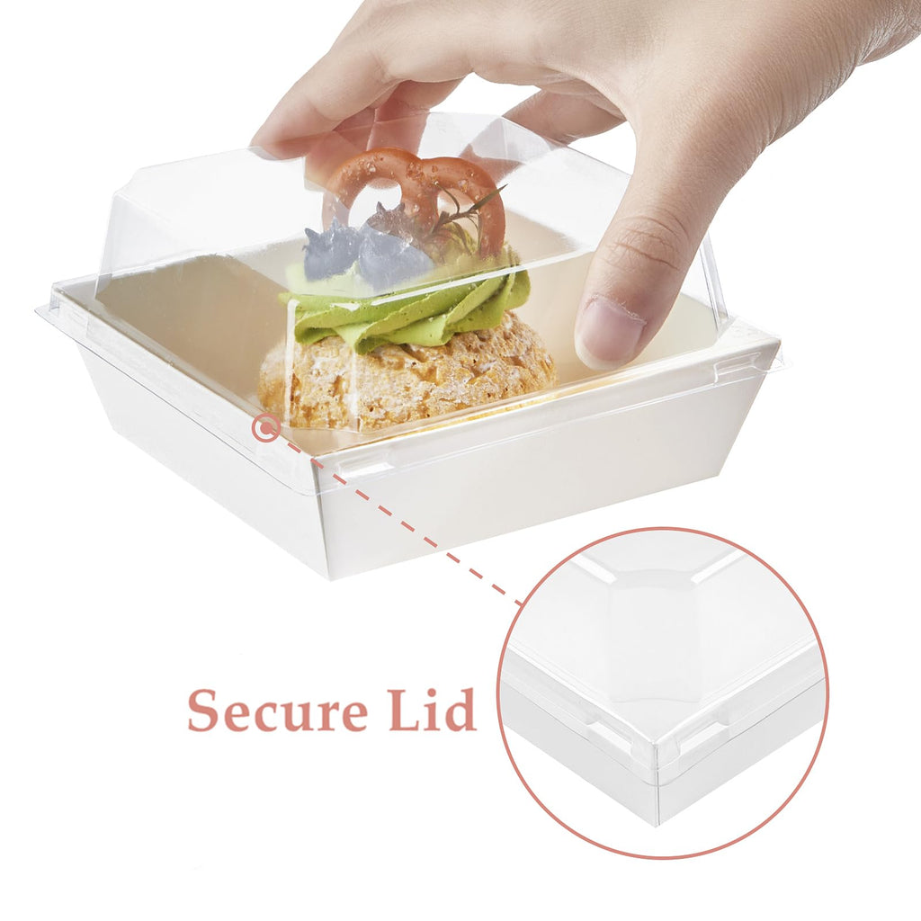 Ocmoiy White Charcuterie Boxes with Clear Lids 4x4 Inch, 100 Pack Square Kraft Bakery Cake Slice Boxes with Window, Dessert To Go Containers (100)