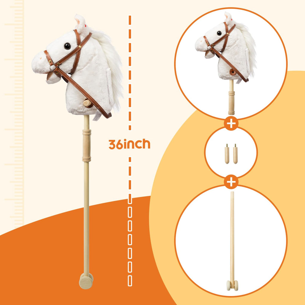 HollyHOME Stick Horse Plush Handcrafted Hobby Horse on a Stick with Wood Wheels Real Pony Neighing and Galloping Sounds for Kids Toddlers White 36 Inches(AA Batteries Required)